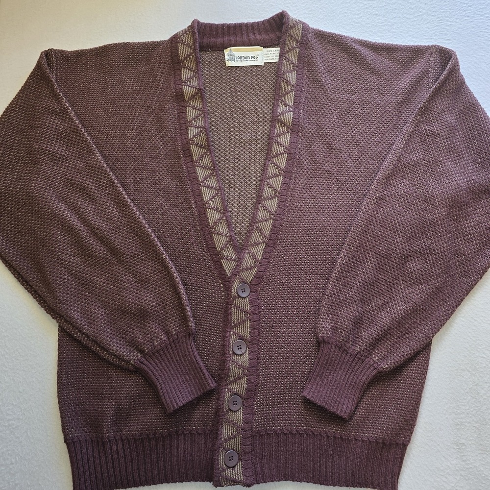 Vintage 80s London Fog Cardigan Sweater Mens Large Maroon Grandpacore Knit Coz